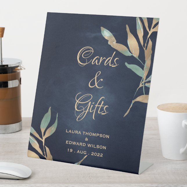 Navy deep blue texture with golden foil leaf pedestal sign (In SItu)