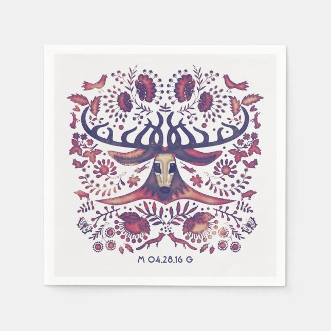 Navy Deer and Woodland Animals Wedding Napkin (Front)