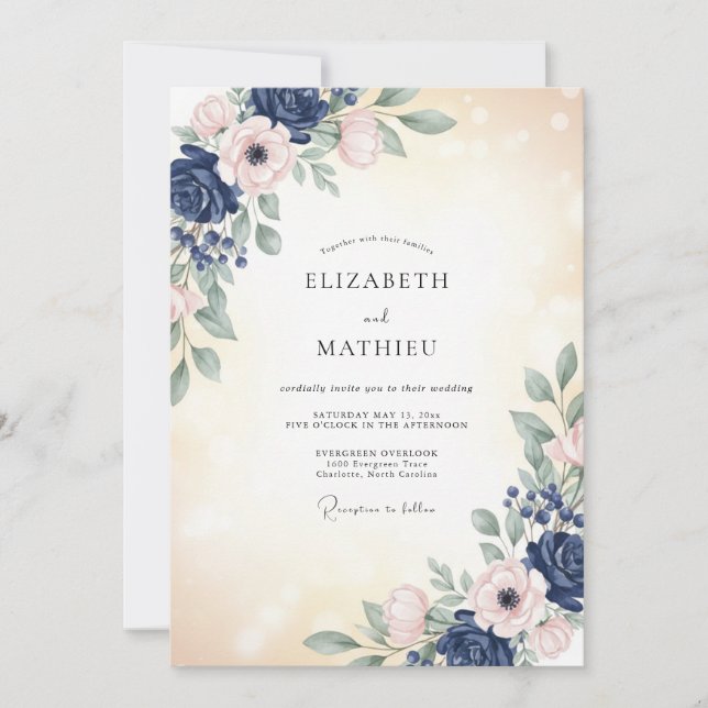 Navy Delicate Floral Romance Wedding Invitation (Front)