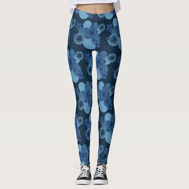 Navy Denim Tropical Flower Print Leggings (Front)
