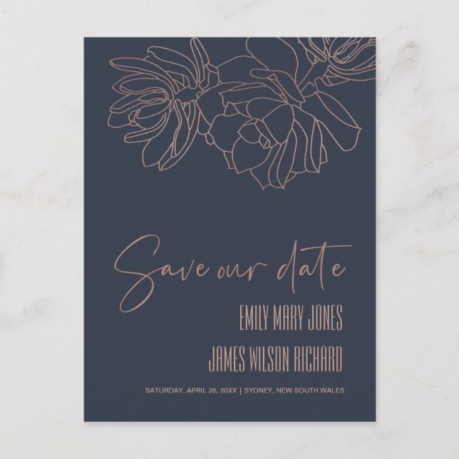 NAVY DESERT CACTI SUCCULENT SKETCH SAVE THE DATE ANNOUNCEMENT POSTCARD (Front)