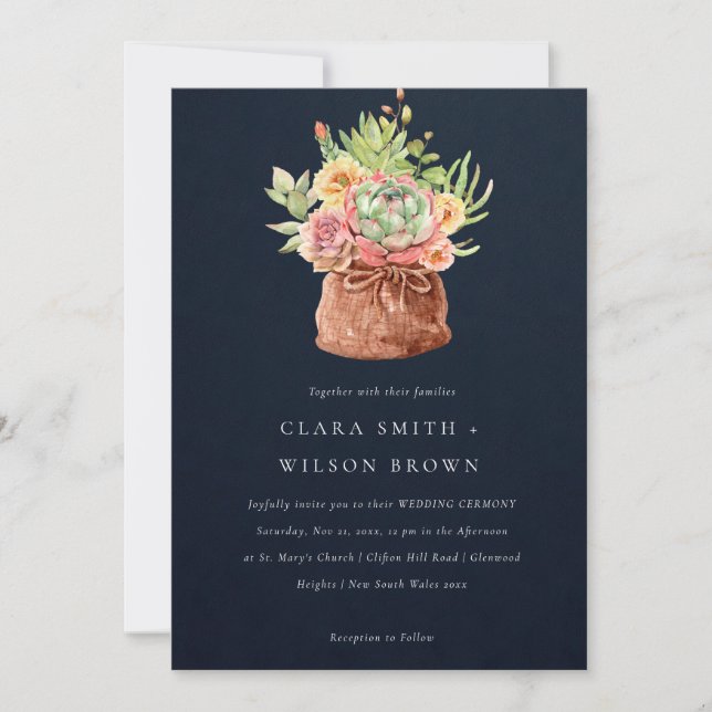 NAVY DESERT SUCCULENT CACTI FOLIAGE BUNCH WEDDING INVITATION (Front)