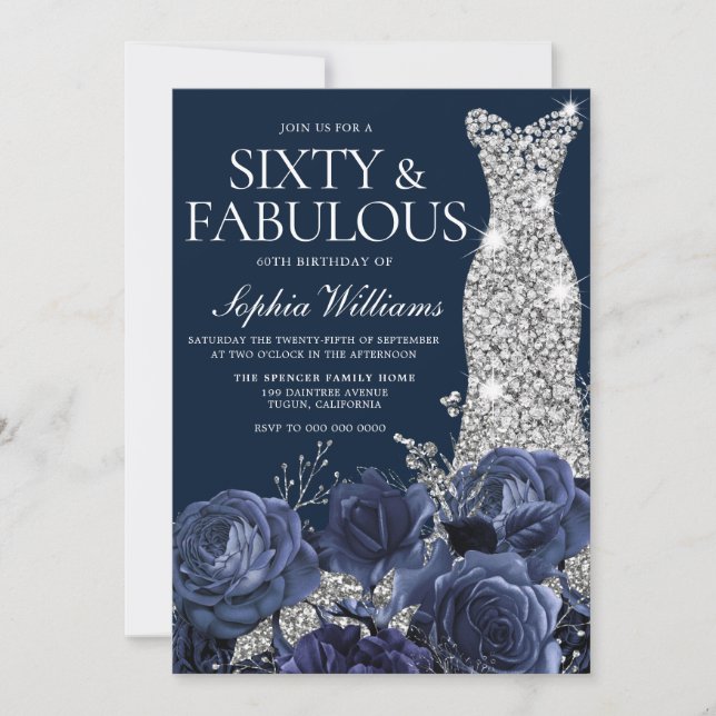 Navy Diamond Dress Sixty & Fabulous 60th Birthday Invitation (Front)