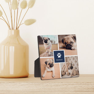 Navy Dog Name & Pawprint Pet Photo Collage Plaque