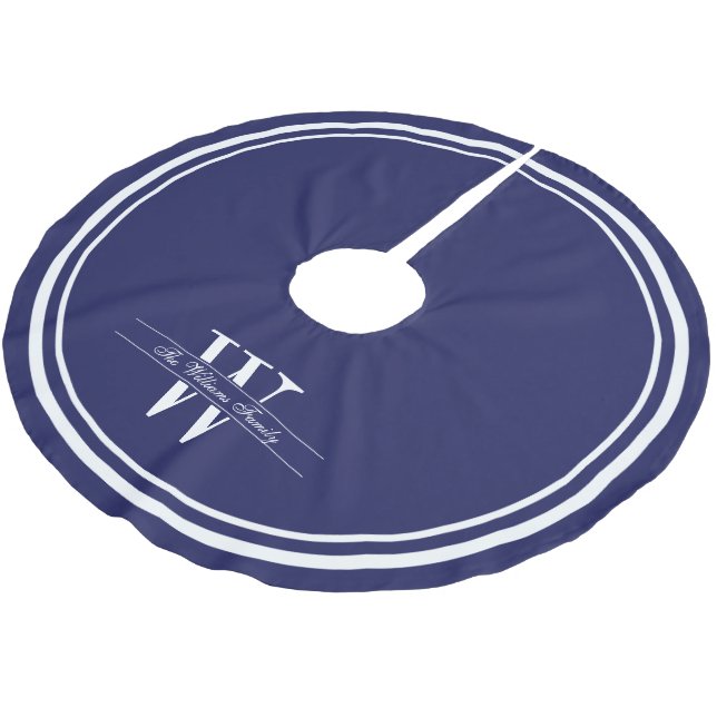 Navy Double Border Monogram Brushed Polyester Tree Skirt (Angled)