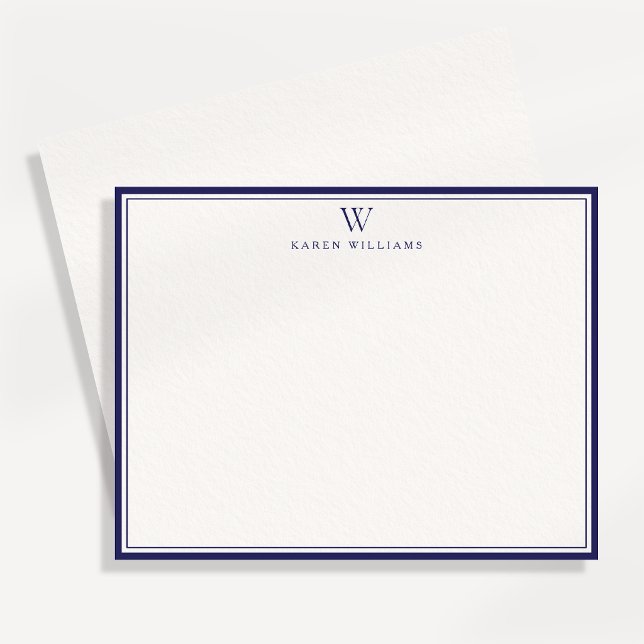 Navy Double Border Monogram Off-White Note Card (Creator Uploaded)