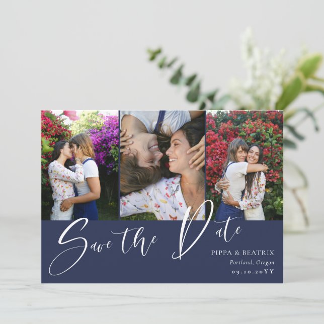 Navy Double Sided Photos Wedding Save the Date (Standing Front)
