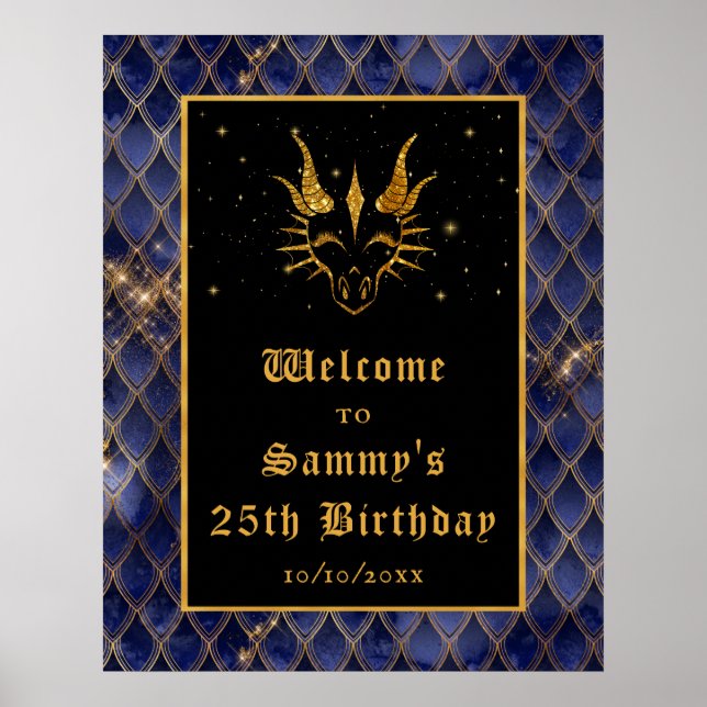 Navy Dragon Scales Gold Birthday Party Welcome Poster (Front)