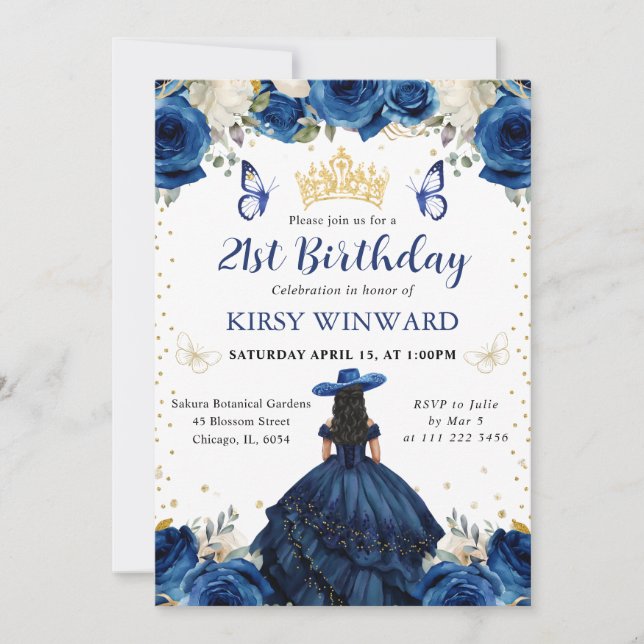 Navy Dress Black Hair Salon Princess Birthday Invitation (Front)