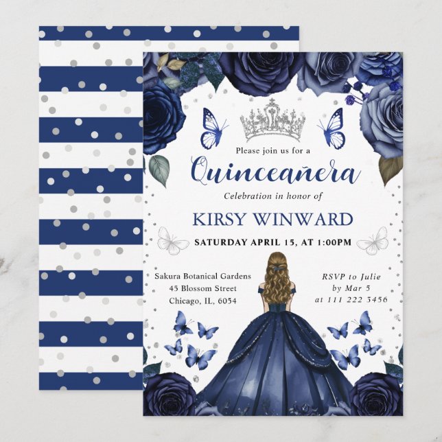 Navy Dress Blonde Hair Princess Quinceanera Invitation (Front/Back)