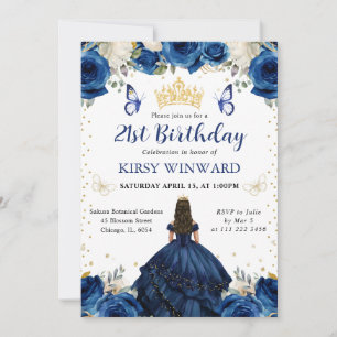 Navy Dress Brunette Princess Birthday Invitation