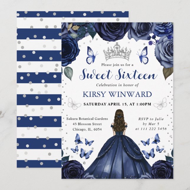 Navy Dress Brunette Princess Sweet 16 Invitation (Front/Back)