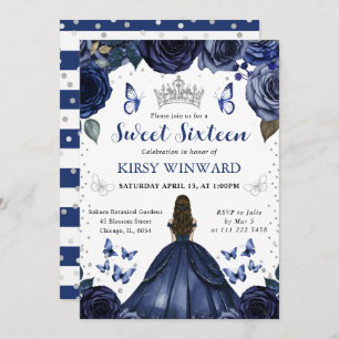 Navy Dress Brunette Princess Sweet 16 Invitation