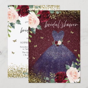 Navy Dress Burgundy Red Floral Bridal Shower Invitation