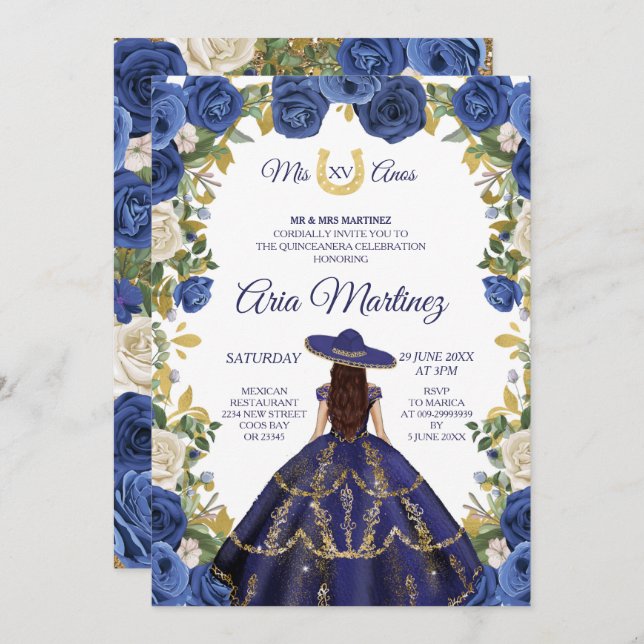 Navy Dress & Roses Mexican Girl Mis Quince 2 Invitation (Front/Back)