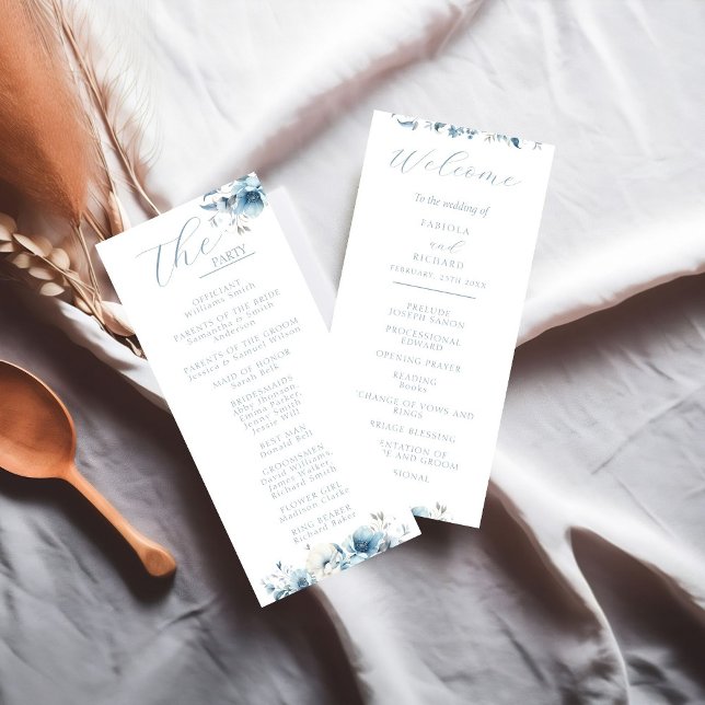 Navy Dusty Blue Bloom Floral Wedding Program Card (Creator Uploaded)