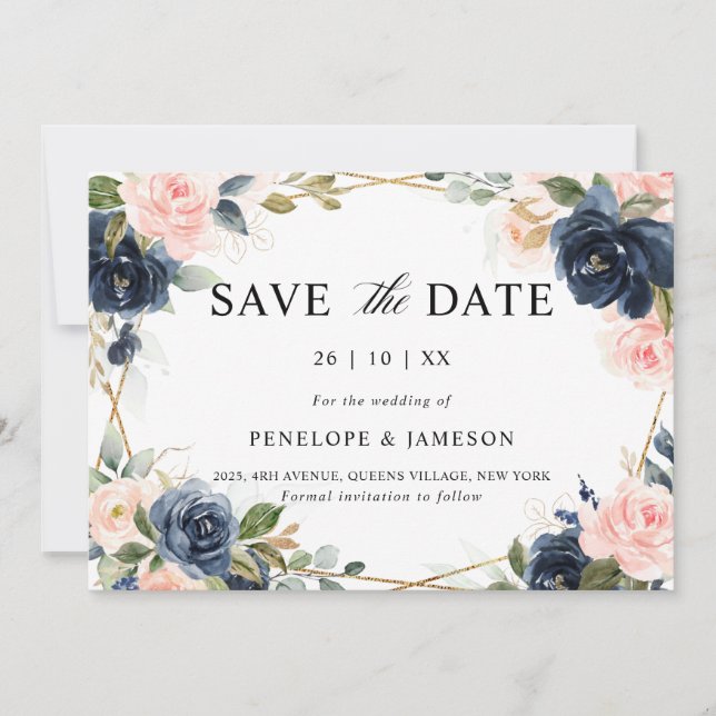 Navy Dusty Blue  Blush Geometric Wedding Save The Date (Front)