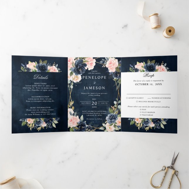 Navy Dusty Blue  Blush Geometric Wedding Tri-Fold  (Inside)
