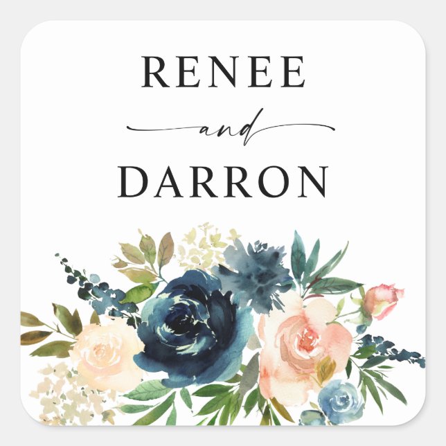 Navy & Dusty Blue Blush Pink Floral Square Sticker (Front)