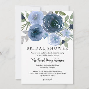 Navy Dusty Blue Boho Floral Photo Bridal Shower Invitation