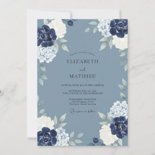 Navy Dusty Blue Botanical Watercolor Wedding Invitation
