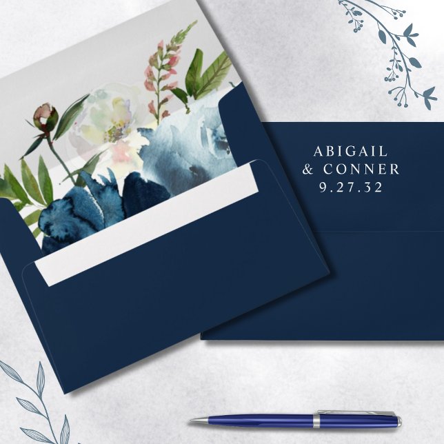 Navy & Dusty Blue Elegant Floral Watercolor Envelope (Creator Uploaded)