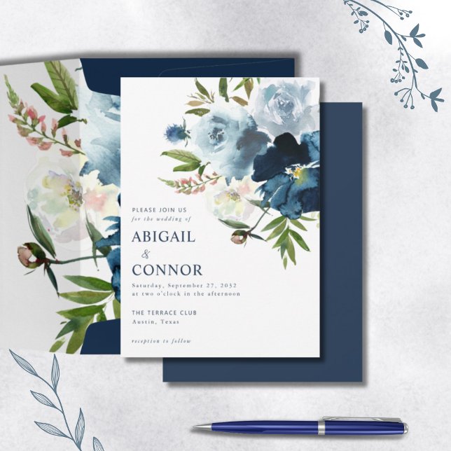 Navy & Dusty Blue Elegant Floral Watercolor Invitation (Creator Uploaded)