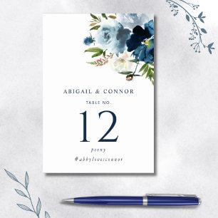 Navy & Dusty Blue Elegant Floral Watercolor Table Number