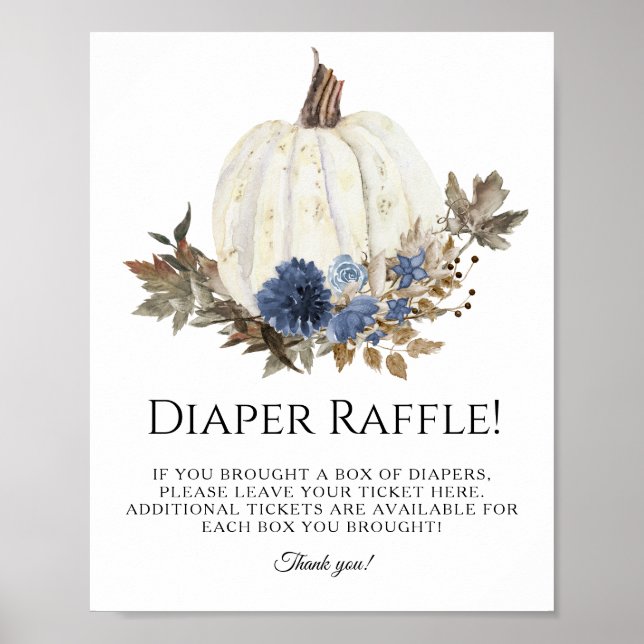 Navy Dusty Blue Fall Floral Pumpkin Diaper Raffle Poster (Front)
