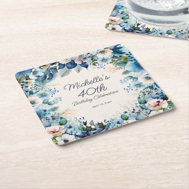 Navy Dusty Blue Floral 40th Birthday Party Square Paper Coaster (Angled)
