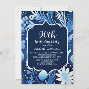 Navy Dusty Blue Floral 90th Birthday Invitation
