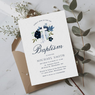 navy & dusty blue floral baptism invitation