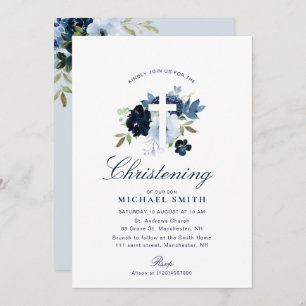 navy & dusty blue floral christening invitation