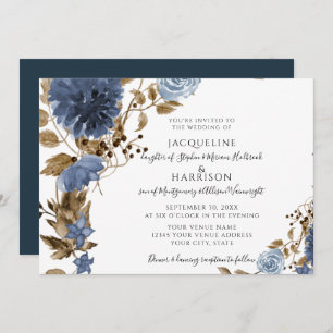 Navy Dusty Blue Floral Earthy Foliage Wedding Invitation
