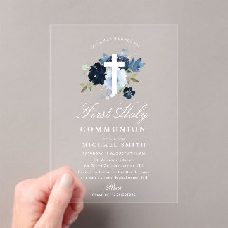 Navy & dusty blue floral first holy communion acrylic invitations