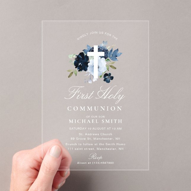 Navy & dusty blue floral first holy communion acrylic invitations (Insitu (Handheld))
