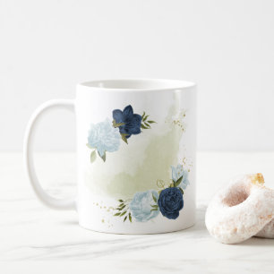 navy dusty blue floral greenery  coffee mug