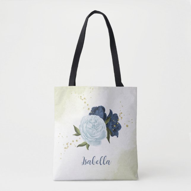 navy dusty blue floral greenery  tote bag (Front)