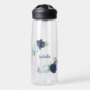 navy dusty blue floral greenery water bottle
