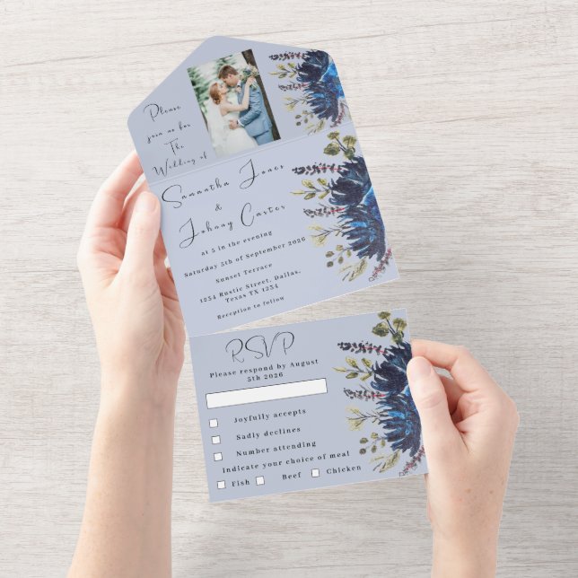 Navy & Dusty Blue Floral Photo Wedding All In One Invitation (Tearaway)
