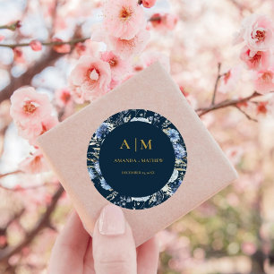 Navy Dusty Blue Floral Spring Bloom Wedding Classic Round Sticker