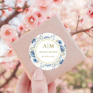 Navy Dusty Blue Floral Spring Bloom Wedding Classic Round Sticker