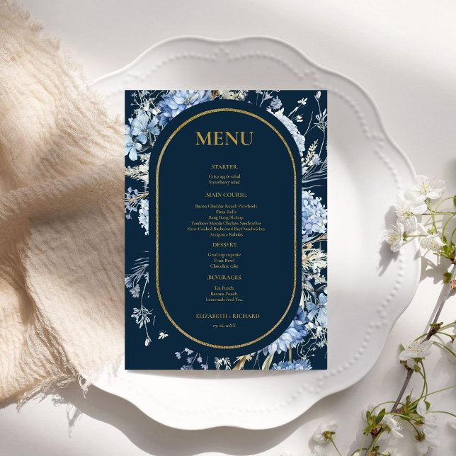 Navy Dusty Blue Floral Spring Bloom Wedding Menu (Creator Uploaded)