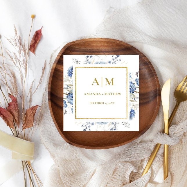 Navy Dusty Blue Floral Spring Bloom Wedding Napkin (Creator Uploaded)