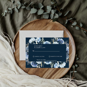 Navy Dusty Blue Floral Spring Bloom Wedding RSVP Card