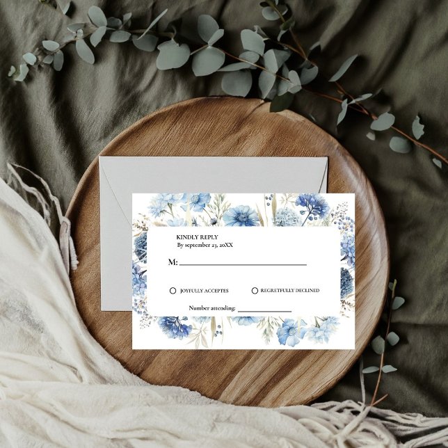 Navy Dusty Blue Floral Spring Bloom Wedding  RSVP Card (Creator Uploaded)