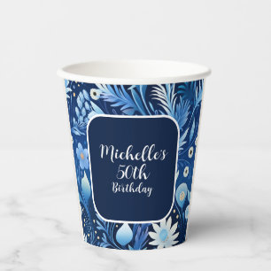 Navy Dusty Blue Flowers 50th Birthday  Paper Cups