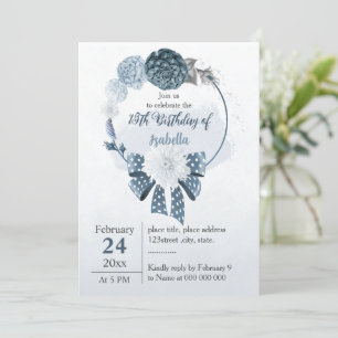 navy dusty blue flowers birthday invitation