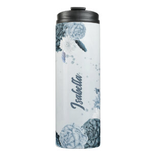 navy dusty blue flowers botanical  thermal tumbler