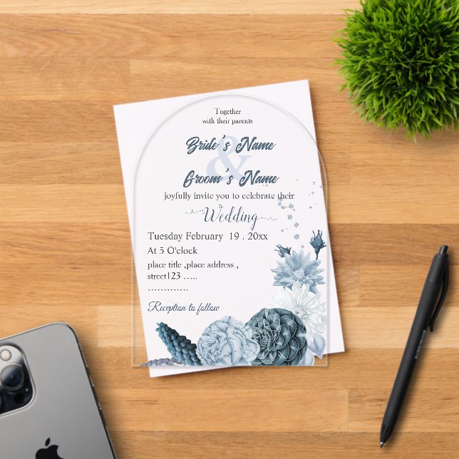 navy dusty blue flowers botanical wedding acrylic invitations (Insitu (Invitation Card))
